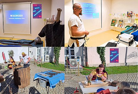 Collage von vier Fotos zeigen verschiedene Eindrücke des Wikinger-Lebens